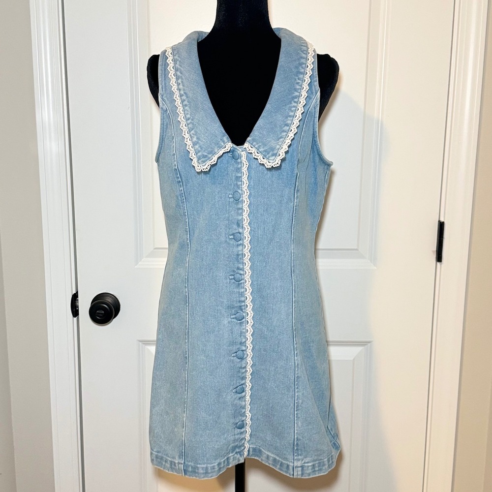 WAYF Womens Denim Lace Trim Sleeveless Mini Dress Size M 90s Cottagecore